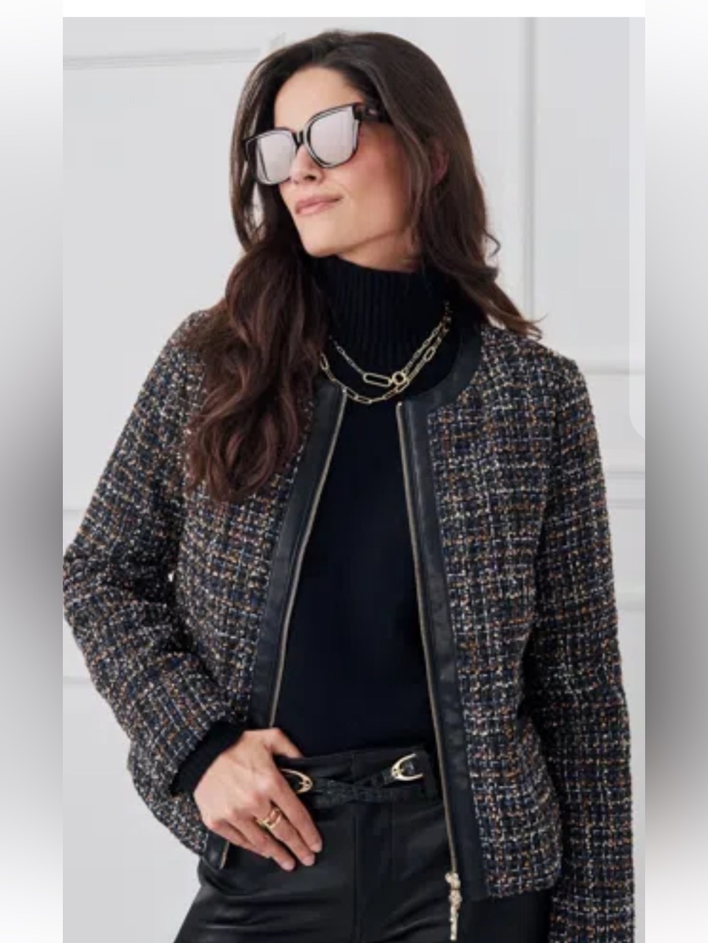 J.McLaughlin Hughes Tweed Jacket Black Tan Leather Trim S. NWT